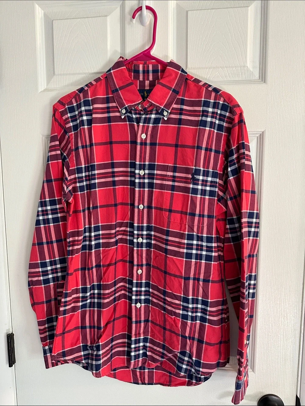 Polo by Ralph Lauren Slim Fit Red Plaid Button-Down Shirt with Navy Accents - M
